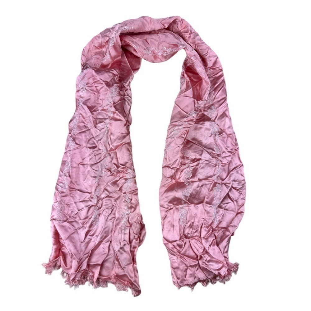 Vintage Bambergers Made in France Pink  Scarf White Floral Embroidery Fringe 44”